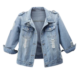 DENIM™ – Distressed Cropped 3/4 Sleeve Denim Jacket