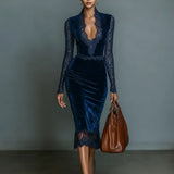 Velvet Midi Dress V-Neck Lace