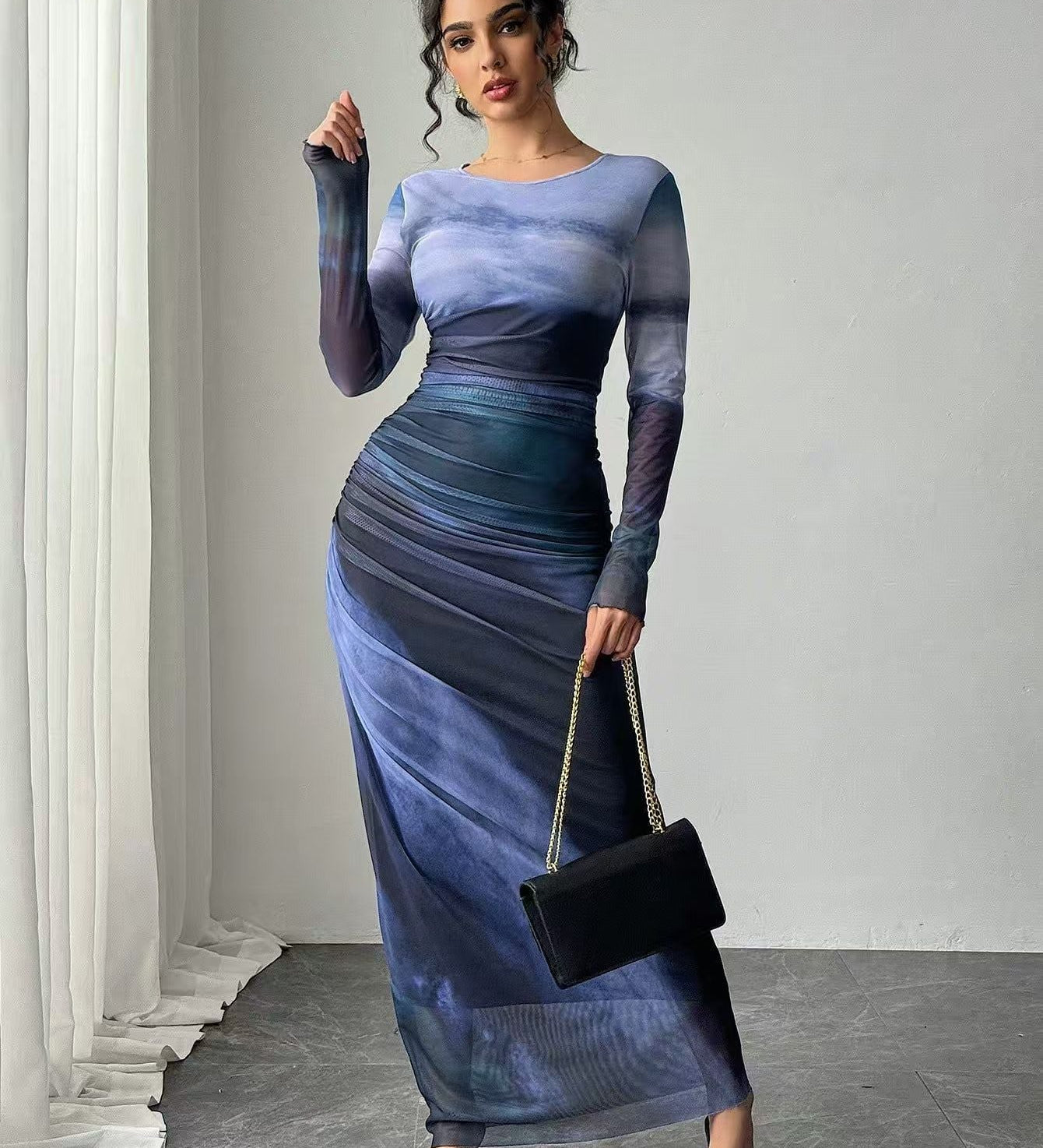 TORINA™ - Comfy Printed Long Sleeve Round Neck Bodycon Maxi Dress