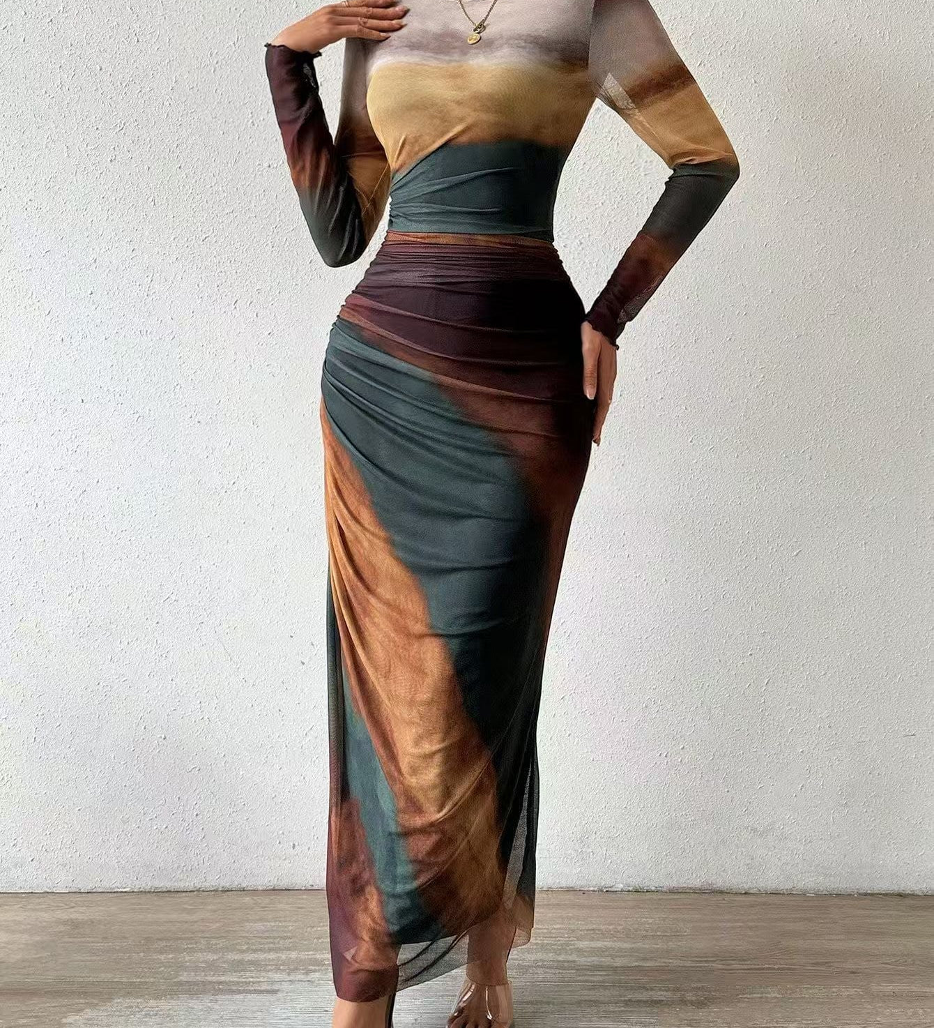 TORINA™ - Comfy Printed Long Sleeve Round Neck Bodycon Maxi Dress