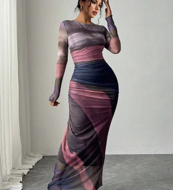 TORINA™ - Comfy Printed Long Sleeve Round Neck Bodycon Maxi Dress