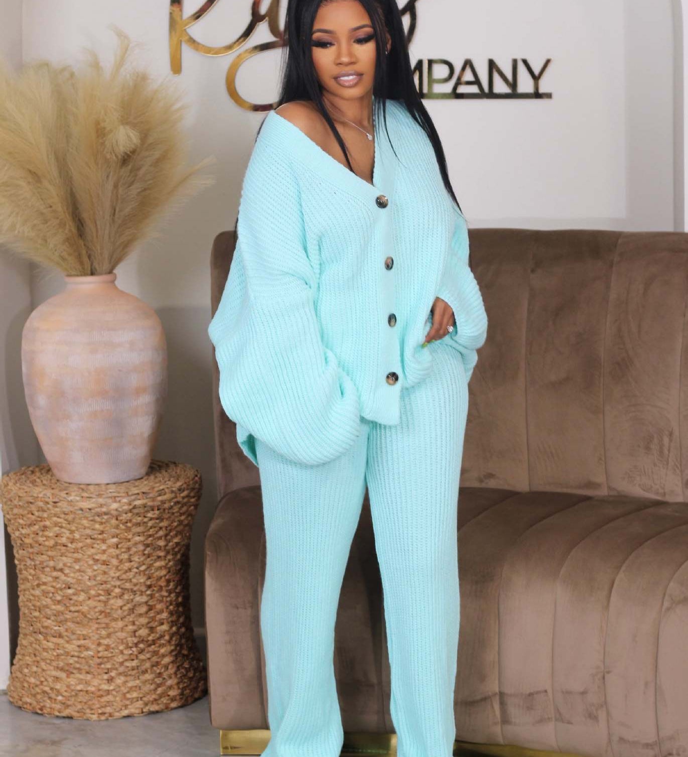 AMIKA™ - Casual V-Neck Cardigan and Wide Leg Pants Set