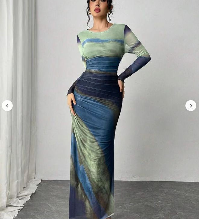 TORINA™ - Comfy Printed Long Sleeve Round Neck Bodycon Maxi Dress
