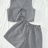 AMY™ – 2-Piece Plaid Striped Vest & High-Waisted Loose Shorts