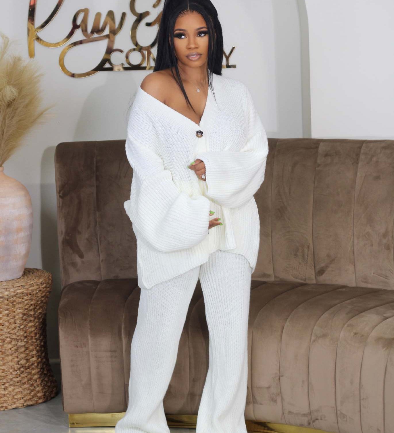 AMIKA™ - Casual V-Neck Cardigan and Wide Leg Pants Set
