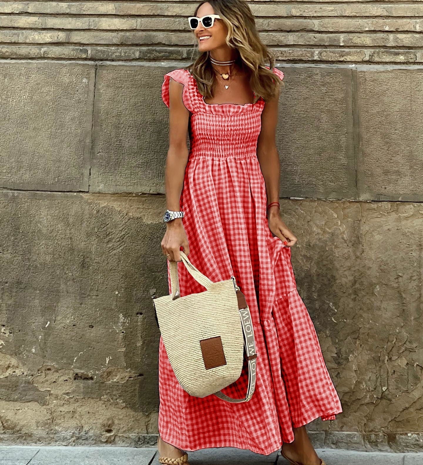 NANCY™ - Chic Retro Plaid Smocked Dress