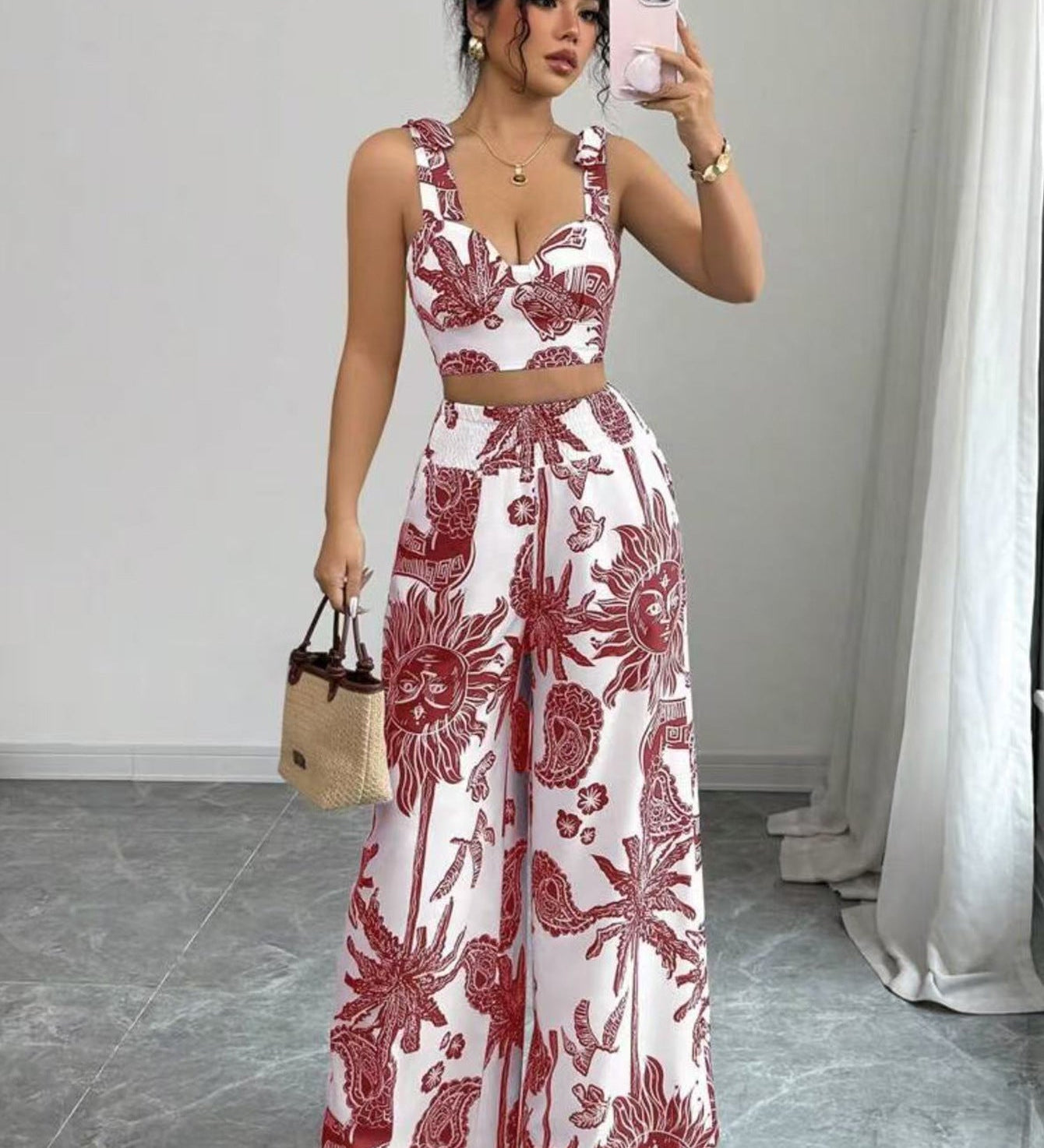 THAWDI™ - Elegant Boho Printed Crop and Wide Leg Pants Set