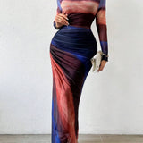 TORINA™ - Comfy Printed Long Sleeve Round Neck Bodycon Maxi Dress