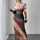JULIA™ - Comfy Printed Long Sleeve Round Neck Bodycon Maxi Dress