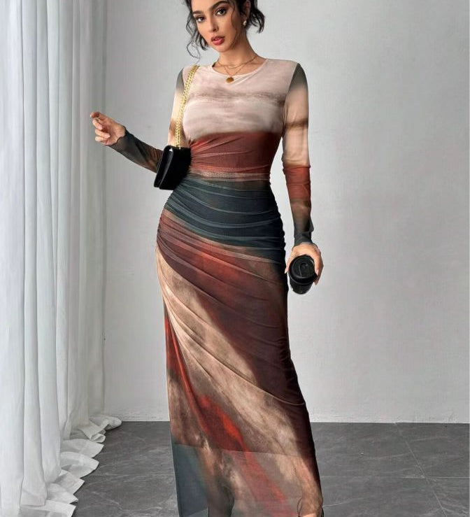 JULIA™ - Comfy Printed Long Sleeve Round Neck Bodycon Maxi Dress