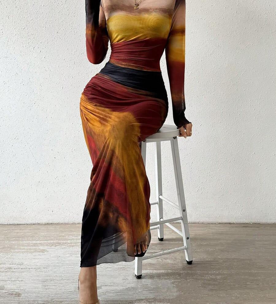 JULIA™ - Comfy Printed Long Sleeve Round Neck Bodycon Maxi Dress