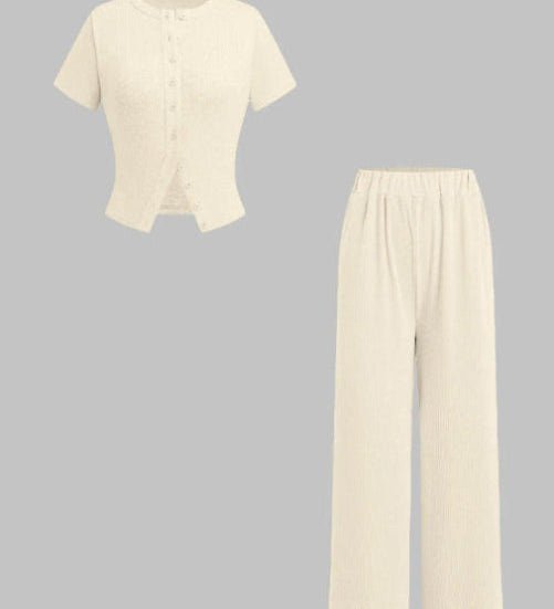 MIRANDA™ - Casual Button Front Top and Wide Leg Pants Set
