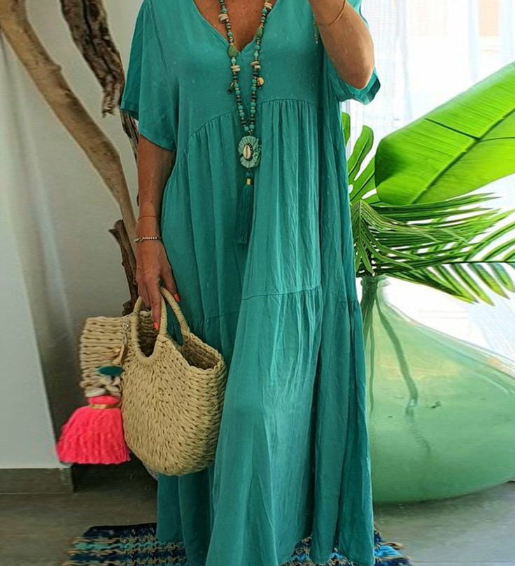 LINNEA™ – Soft Ruffle V-Neck Maxi Dress