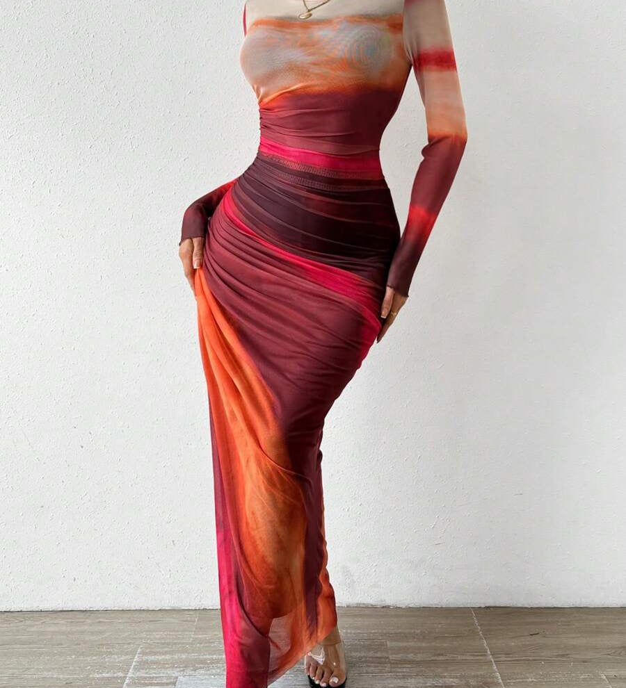 JULIA™ - Comfy Printed Long Sleeve Round Neck Bodycon Maxi Dress