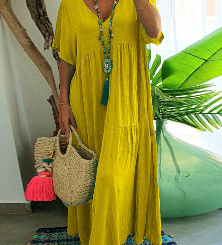 LINNEA™ – Soft Ruffle V-Neck Maxi Dress