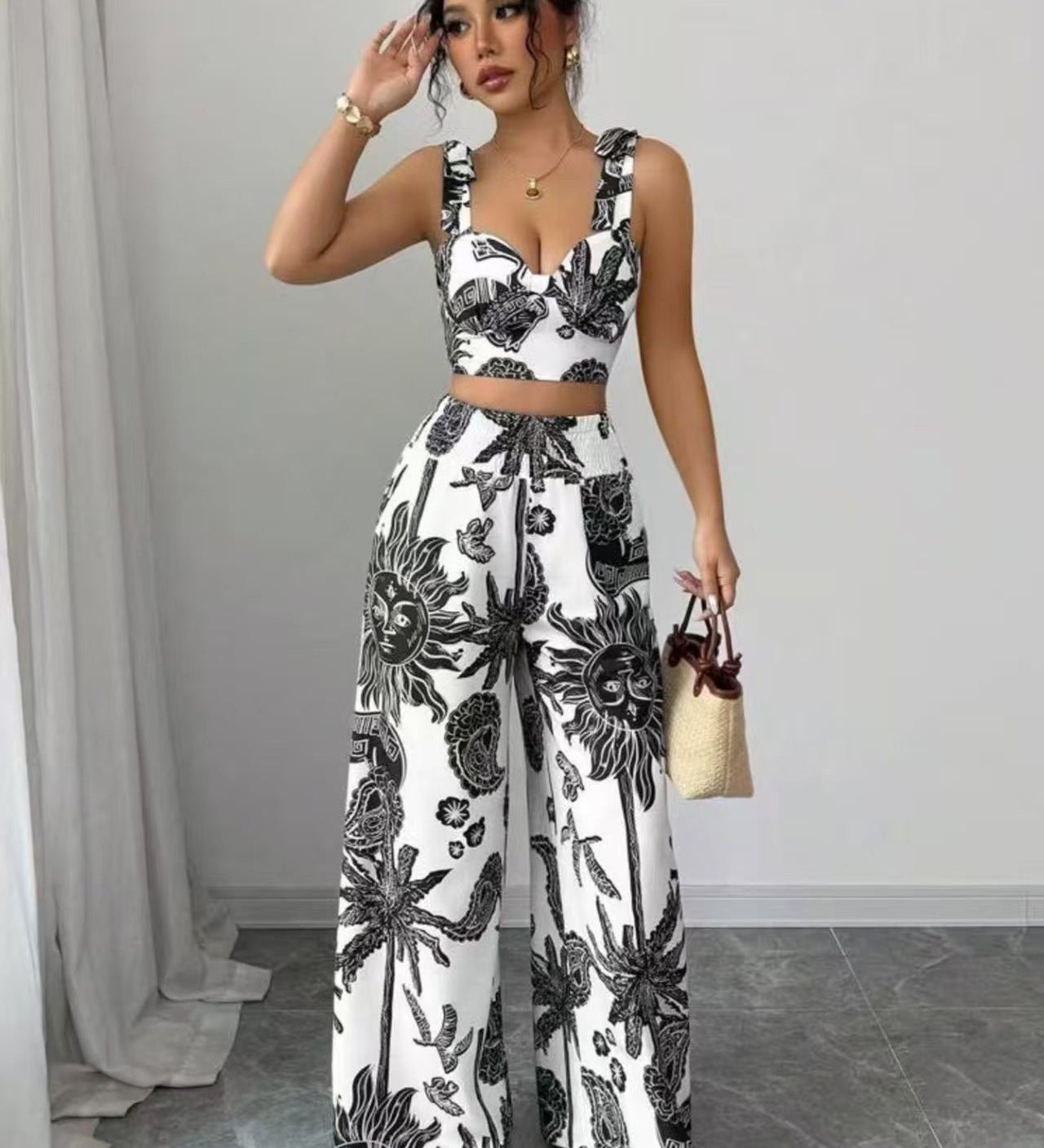 THAWDI™ - Elegant Boho Printed Crop and Wide Leg Pants Set