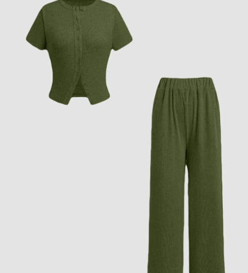 MIRANDA™ - Casual Button Front Top and Wide Leg Pants Set