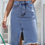 GISELE™ – Casual Slit Midi Denim Skirt