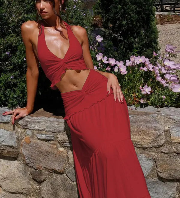 ARIYA™ – Chic Plunge Neck Summer Two-Piece Outfit