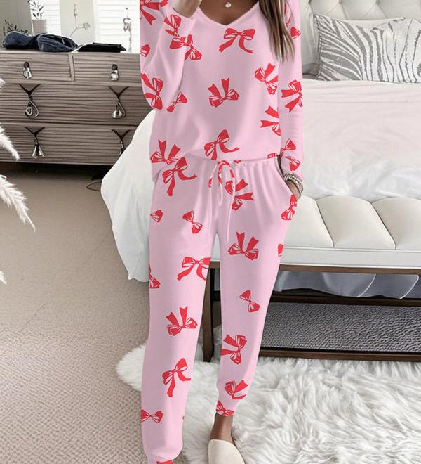 HALLIE™ - Bow Print V-Neck Long Sleeve Top & Tie Waist Pants Set