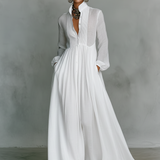 Patchwork Linen Maxi Dress with Stand Collar