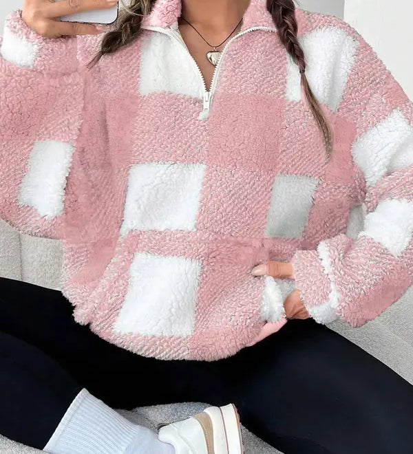 MALDA™ - Chic Plaid Print Half Zip Long Sleeve Sweater