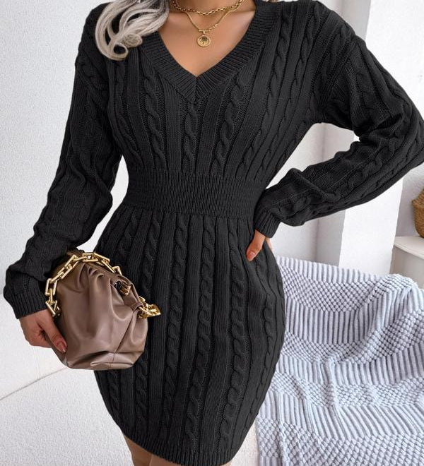 HOLLY™ - Cozy Long Sleeve V-Neck Cable Knit Sweater Dress