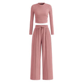 MIRELA™ - Ribbed Knit Long Sleeve Crop Top and Matching Pants Set