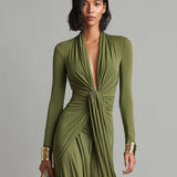 Olive Silk Maxi Dress V-Neck
