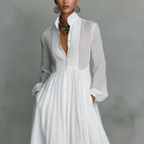 Patchwork Linen Maxi Dress with Stand Collar