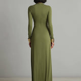 Olive Silk Maxi Dress V-Neck