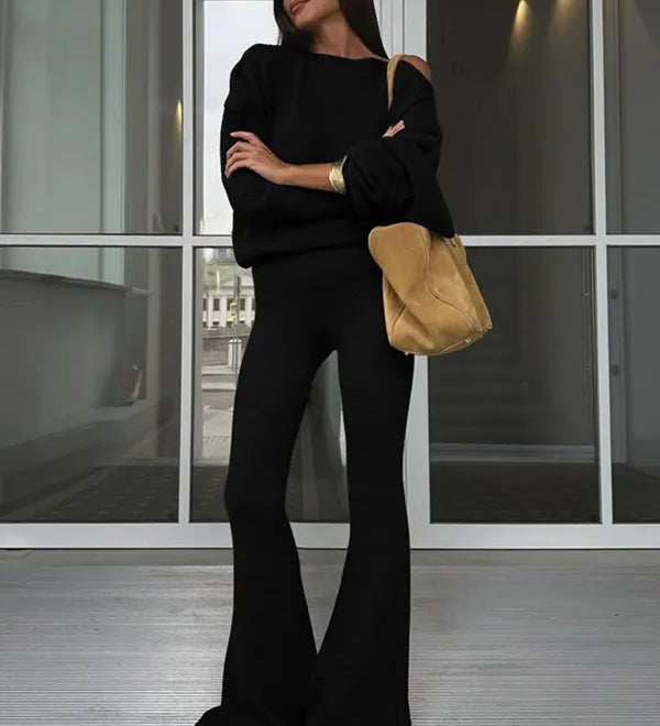 ONNA™ - Chic Asymmetrical Neck Top and Flare Pants Set