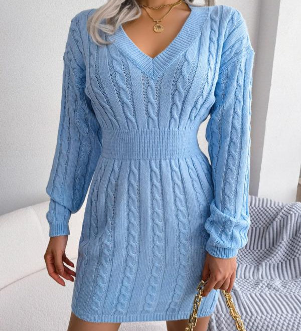 HOLLY™ - Cozy Long Sleeve V-Neck Cable Knit Sweater Dress