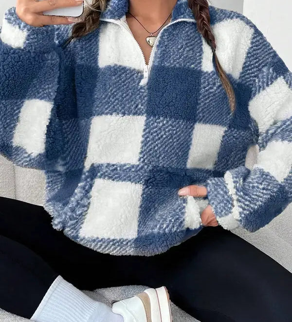 MALDA™ - Chic Plaid Print Half Zip Long Sleeve Sweater