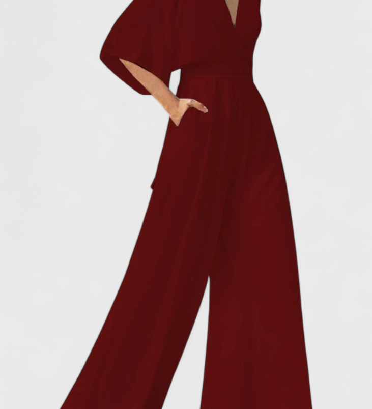 Elegant Long Jumpsuit with Wide Legs and V-Neck